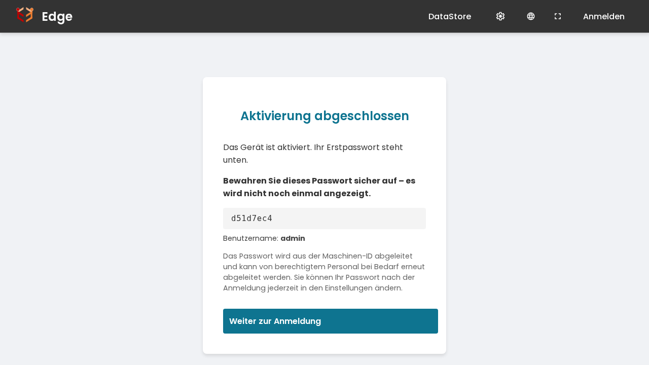 Aktivierung abgeschlossen — Anzeige des einmaligen Initialpassworts