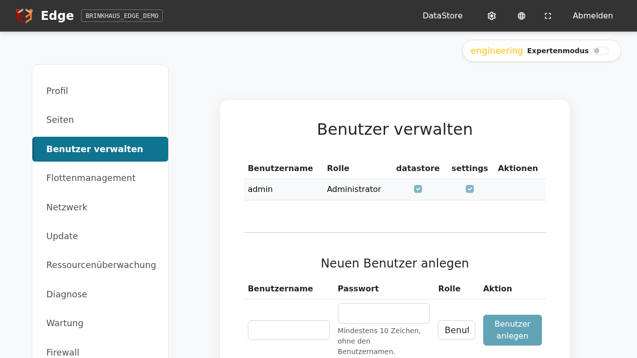 Einstellungen → Benutzer verwalten mit Berechtigungs-Tabelle und Anlage-Formular