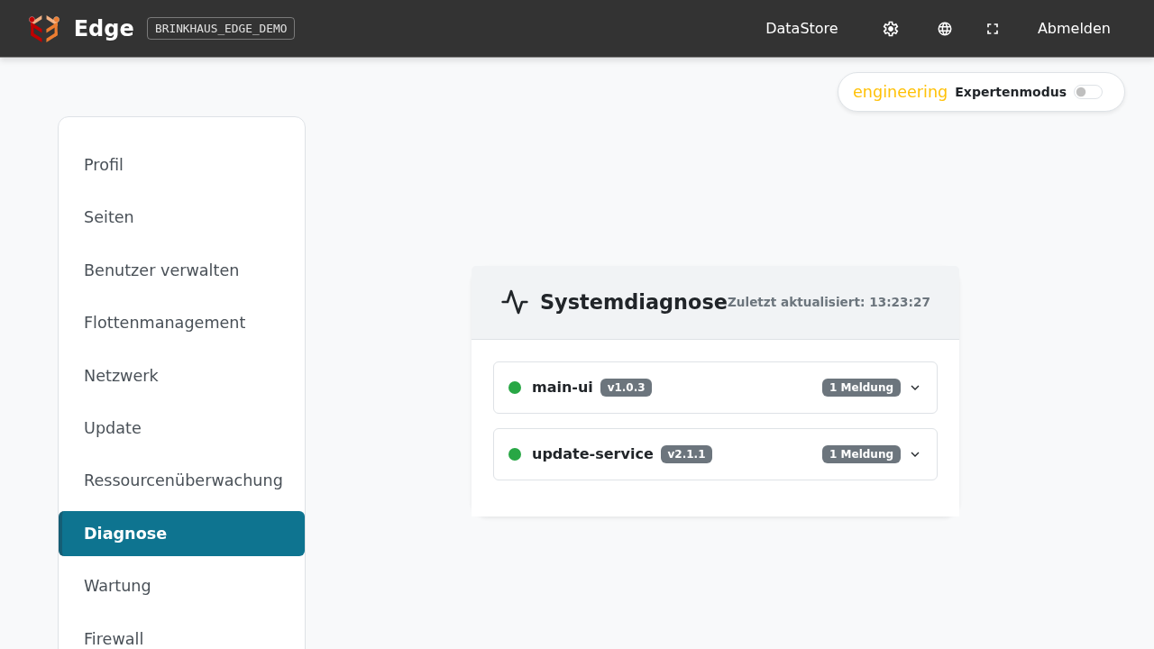 System-Diagnose-Panel mit grünen Status-Punkten und Versions-Badges