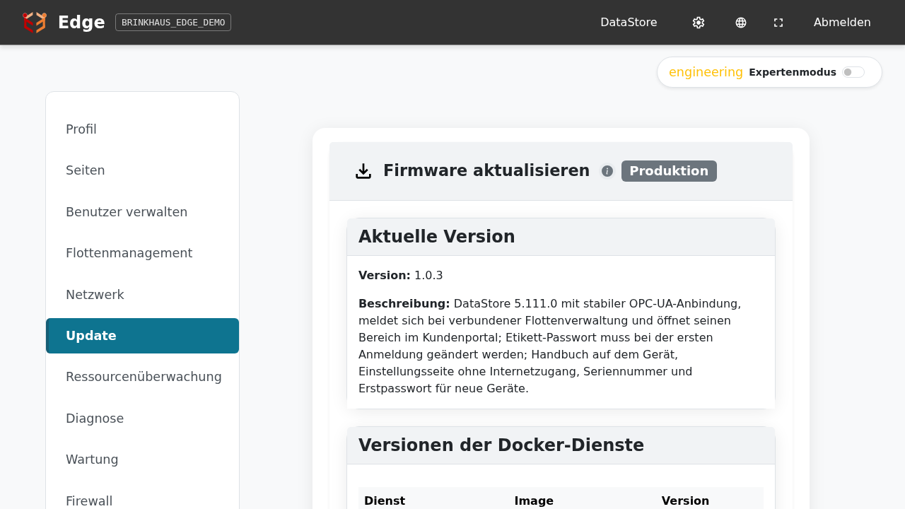 Einstellungen → Update — aktuelle Version, Service-Tabelle, verfügbare Versionen